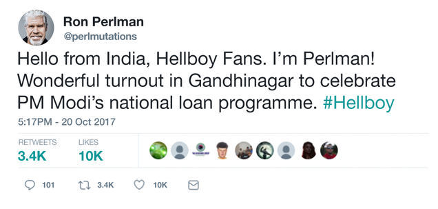 Illustration for article titled Shameful: The Prime Minister Of India Changed His Twitter Account To Look Identical To Ron Perlman’s Just To Get More ‘Hellboy’ Fans Following Him